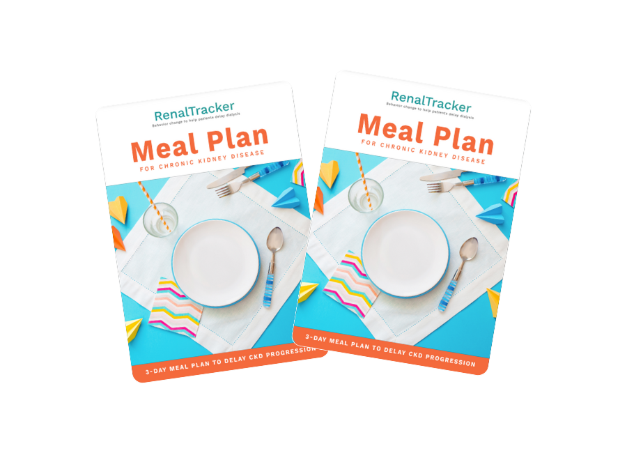 Two identical "Meal Plan for Chronic Kidney Disease" booklets on a white background, featuring an empty plate, cutlery, napkins, and the RenalTracker logo.
